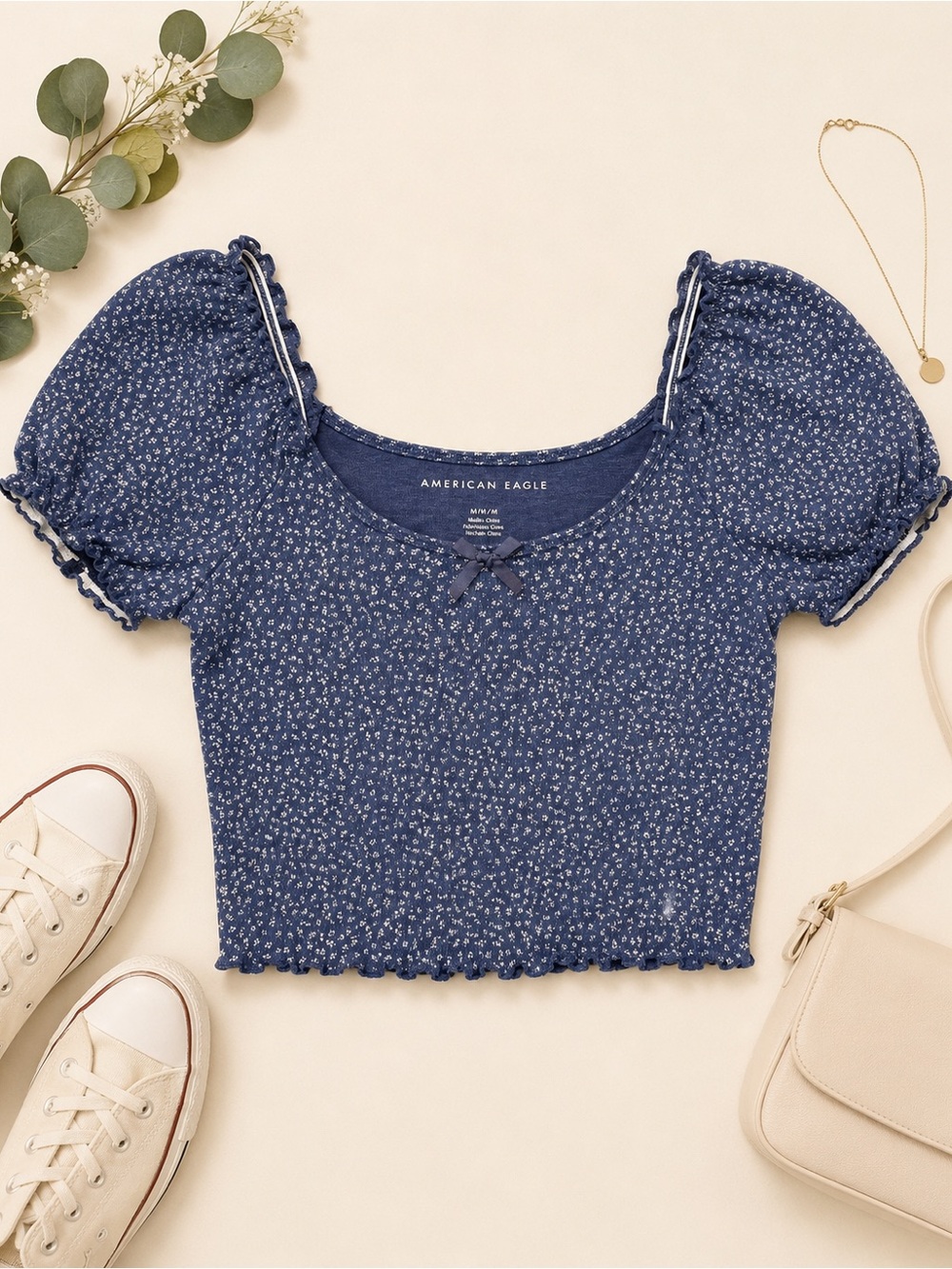 American Eagle Navy Ditsy Floral Puff Sleeve Crop Top Medium Cottagecore